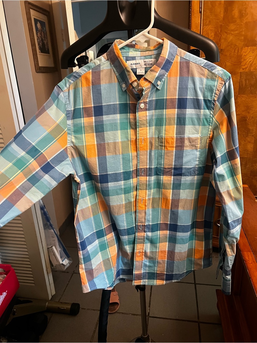 Old Navy Men's Plaid Button-Down Shirt — Blue, Orange & Teal